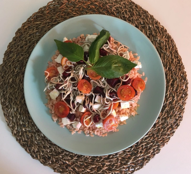 Ensalada de arroz de remolacha con gulas