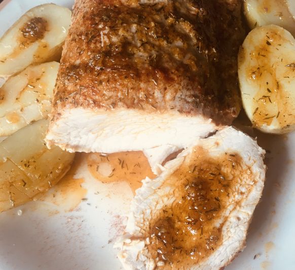 Lomo de cerdo a la sal ,con salsa de tomillo en Thermomix®